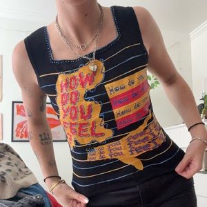 hand painted hand made sparkly rainbow striped black square neck tank top